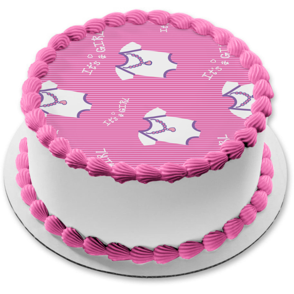 Baby Shower It's a Girl Pink Stripes Pink Onsie Edible Cake Topper Image ABPID13504