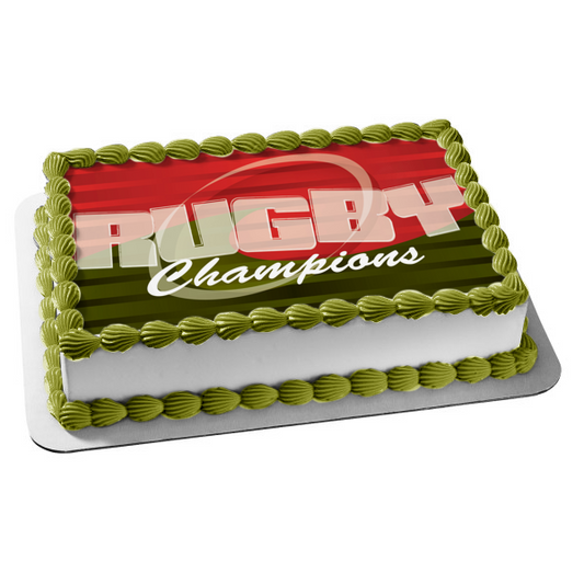 Imagen de decoración comestible para tarta con fondo de rayas rojas y verdes de campeones de rugby deportivo ABPID13506 
