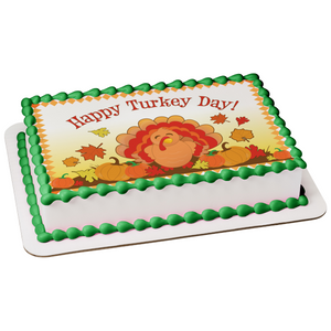 Happy Turkey Day Turkey Pumpkins Leaves Edible Cake Topper Image ABPID13511