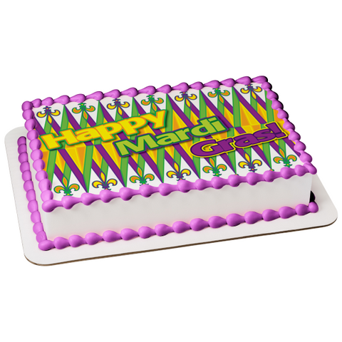 Happy Mardi Gras Green Purple Yellow Edible Cake Topper Image ABPID13519