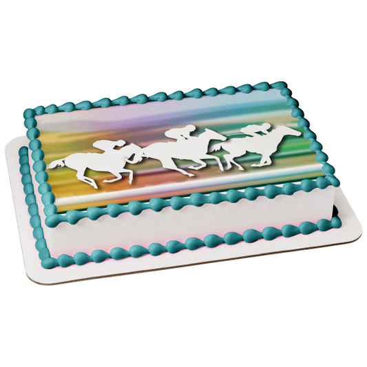 Deportes Carreras de caballos Hombres sobre caballos Fondo de color Adorno comestible para tarta Imagen ABPID13331 