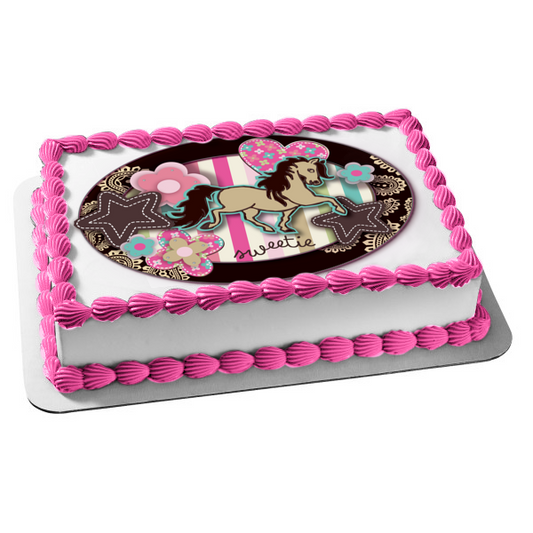 Sweetie Girl Horse Heaerts Flowers Stars Edible Cake Topper Image ABPID13332