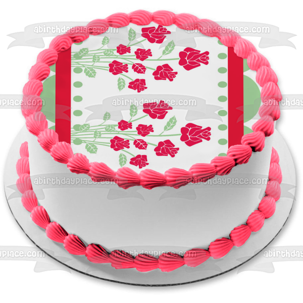 Roses Leaves Polka Dots Pink Edge Edible Cake Topper Image ABPID13529