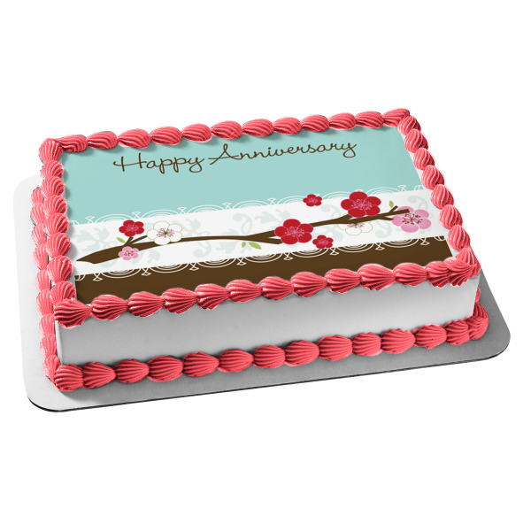 Happy Anniversary Flowers Blue Background Edible Cake Topper Image ABPID13343