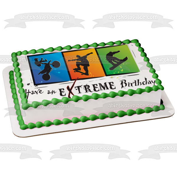 Have an Extreme Birthday Motorcycle Rider Skateboarder Snowboarder Edible Cake Topper Image ABPID13347
