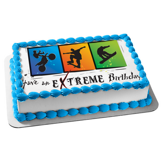 Imagen comestible para tarta con texto en inglés "Tener un cumpleaños extremo", diseño de motociclista, skater, snowboarder, ABPID13347 