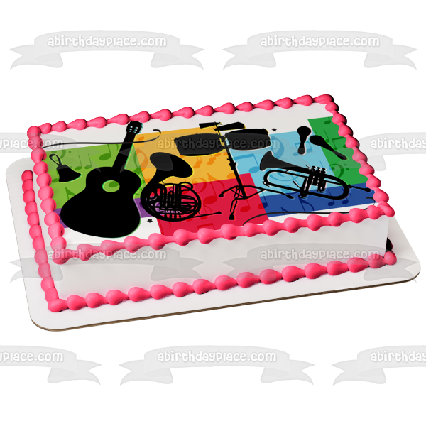 Music Band Bell Guitar Drums Saxophone Morracas Edible Cake Topper Image ABPID13540