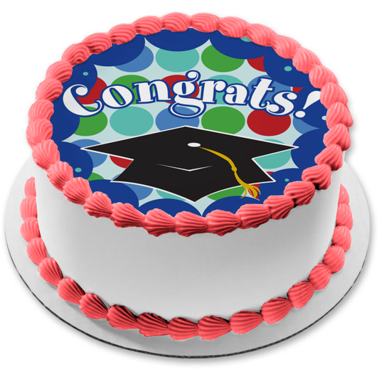 Congrats Black Graduation Cap Tassle Red Blue Greel Circles Background Edible Cake Topper Image ABPID13548