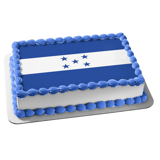 Decoración comestible para tarta con bandera de Honduras, rayas horizontales azules y blancas, estrellas en forma de X, imagen ABPID13553 