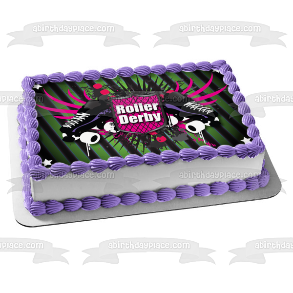 Roller Derby Black Roller Skates Green Black Background Edible Cake Topper Image ABPID13558