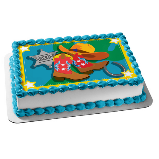 Insignia del Sheriff del pequeño vaquero, botas de vaquero, sombrero de vaquero, herradura, decoración comestible para tarta, imagen ABPID13561 