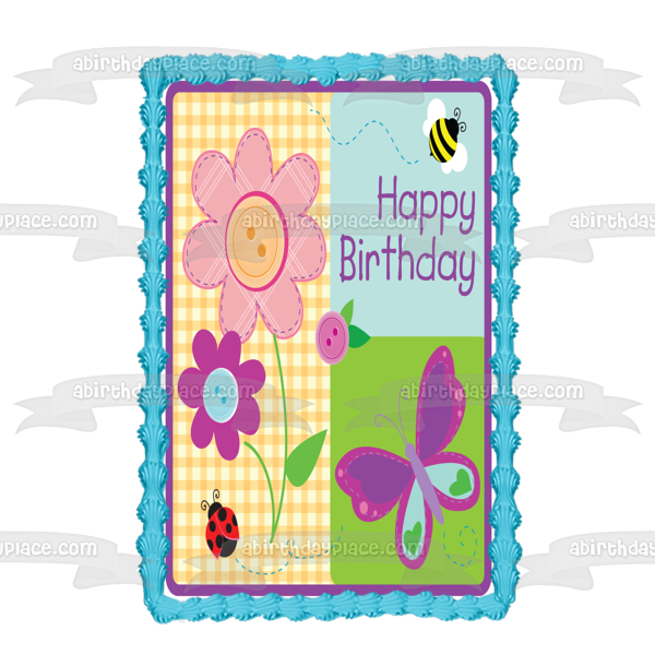 Happy Birthday Flowers Butterfly Bee Ladybug Edible Cake Topper Image ABPID13377
