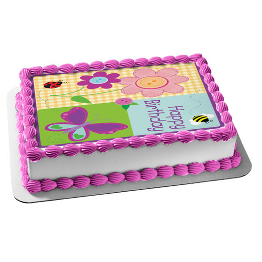 Happy Birthday Flowers Butterfly Bee Ladybug Edible Cake Topper Image ABPID13377