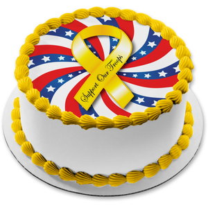 Support Our Troops Yellow Ribbon Red White Blue Waving Flag White Stars Background Edible Cake Topper Image ABPID13566