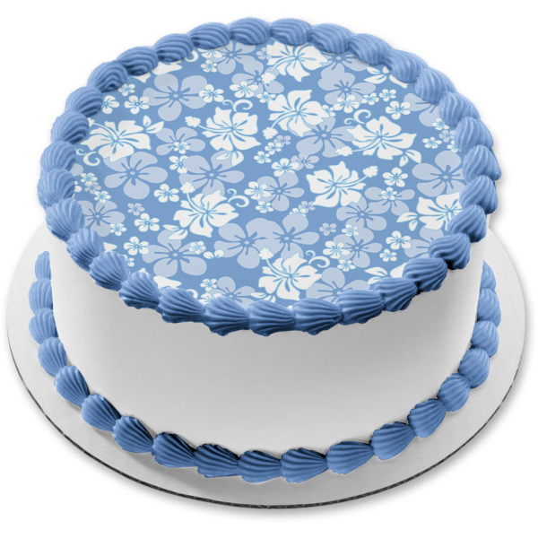 Blue and White Flower Motif Blue Background Edible Cake Topper Image ABPID13381