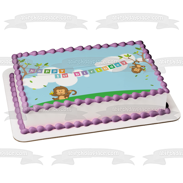Happy 1st Birthday Monkeys Banner Trees Edible Cake Topper Image ABPID13383