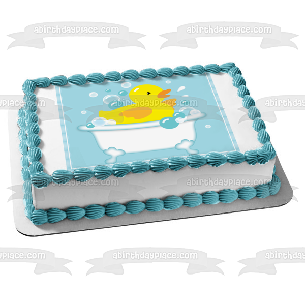 Rubber Ducky Bathtub Bubbles Blue Background Edible Cake Topper Image ABPID13572
