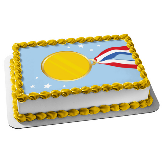 Gold Medal Stars Blue Background Edible Cake Topper Image ABPID13385