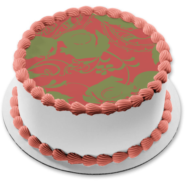 Green Leaves Pattern Pink Background Edible Cake Topper Image ABPID13573