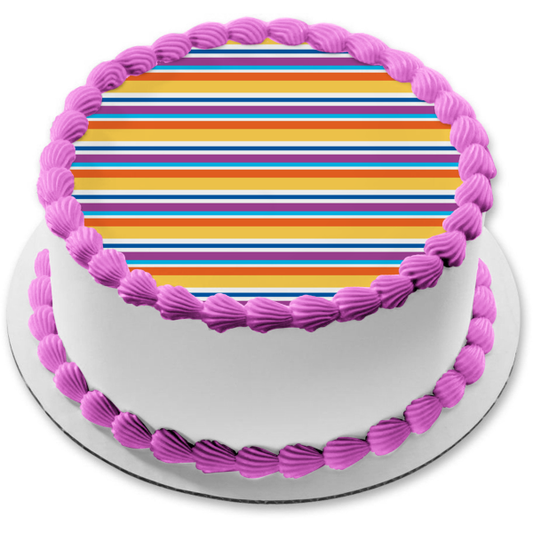 Adorno comestible para tarta con rayas horizontales, color morado, azul, blanco y naranja, imagen ABPID13397 