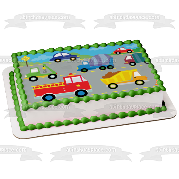Cartoon Cars Trucks Construction Equipment Vehicles Edible Cake Topper Image ABPID13586
