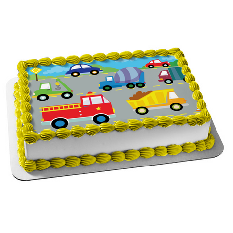 Cartoon Cars Trucks Construction Equipment Vehicles Edible Cake Topper Image ABPID13586