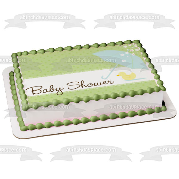 Baby Shower Blue Umbella Pink Baby Chick Flowers Green Polka Dot Background Edible Cake Topper Image ABPID13405