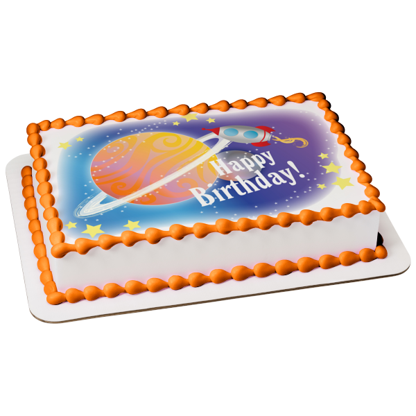 Happy Birthday Outer Space Planet Rocket Stars Edible Cake Topper Image ABPID13596