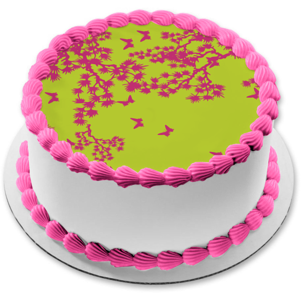 Purple Tree and Butterfly Pattern Green Background Edible Cake Topper Image ABPID13409