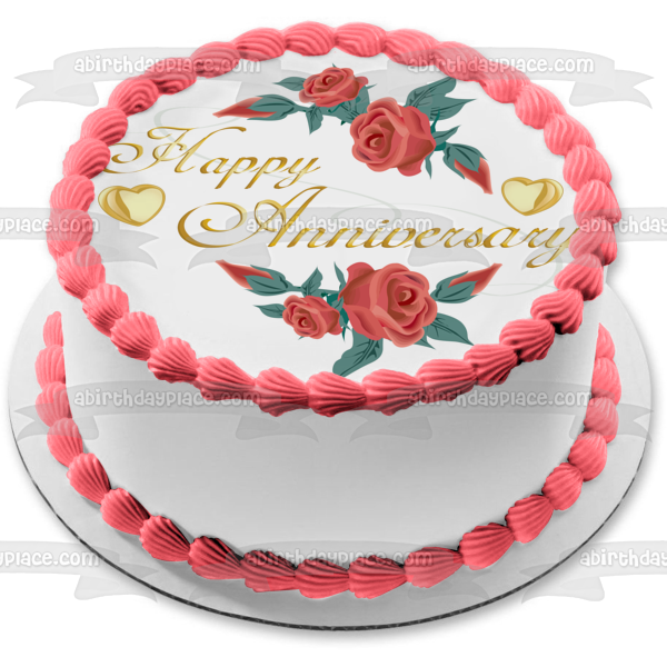 Happy Anniversary Red Roses Gold Hearts Edible Cake Topper Image ABPID13601