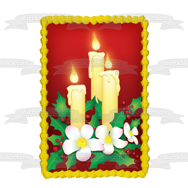 Merry Christmas Lit Candles Mistletoe White Flowers Red Background Edible Cake Topper Image ABPID13416