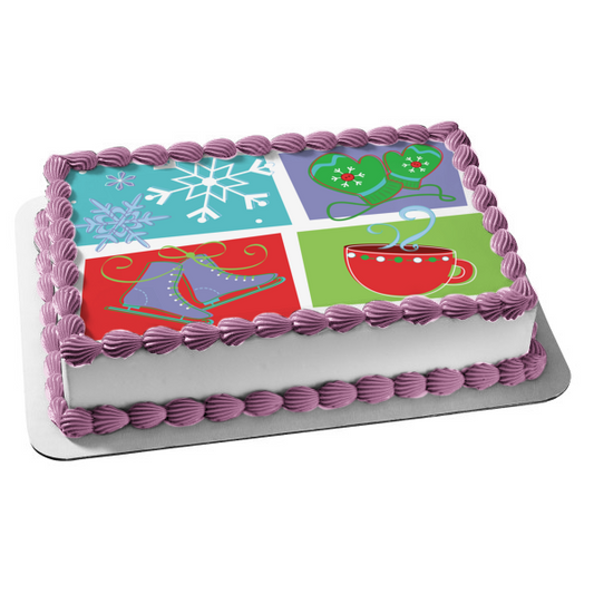 Winter Snowflakes Mittens Ice Skates Hot Chocolate Edible Cake Topper Image ABPID13604
