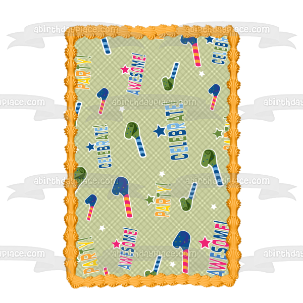 Celebrate Party Awesome Noise Makers Stars Grey Plaid Background Edible Cake Topper Image ABPID13605