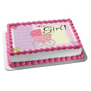 Baby Shower It's a Girl Baby Stroller Hearts Edible Cake Topper Image ABPID13421