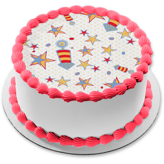 Happy 4th of July Rockets Stars Circles Edible Cake Topper Image ABPID13423