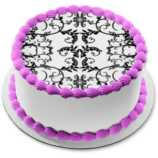 Adorno comestible para tarta con patrón de hojas arremolinadas en blanco y negro Imagen ABPID13431 