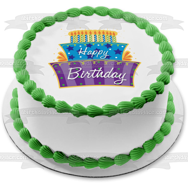 Happy Birthday Lit Candles Purple Blue Cake Stars Polka Dots Edible Cake Topper Image ABPID13434