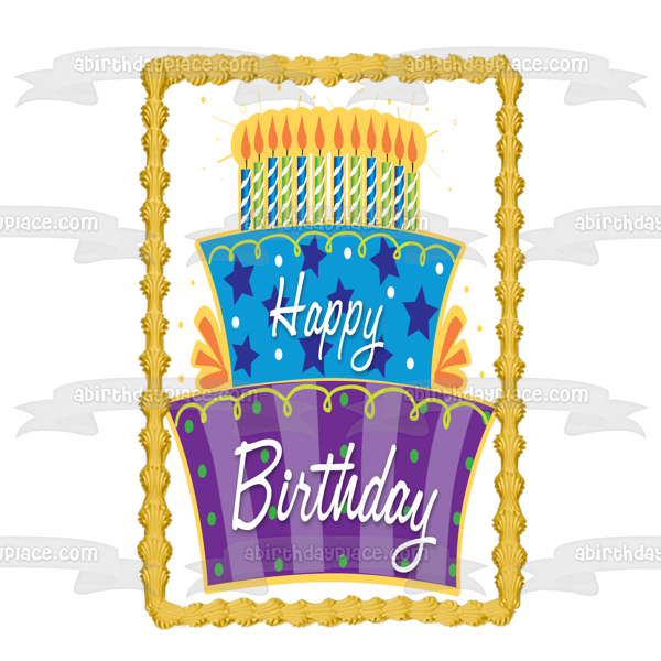 Happy Birthday Lit Candles Purple Blue Cake Stars Polka Dots Edible Cake Topper Image ABPID13434