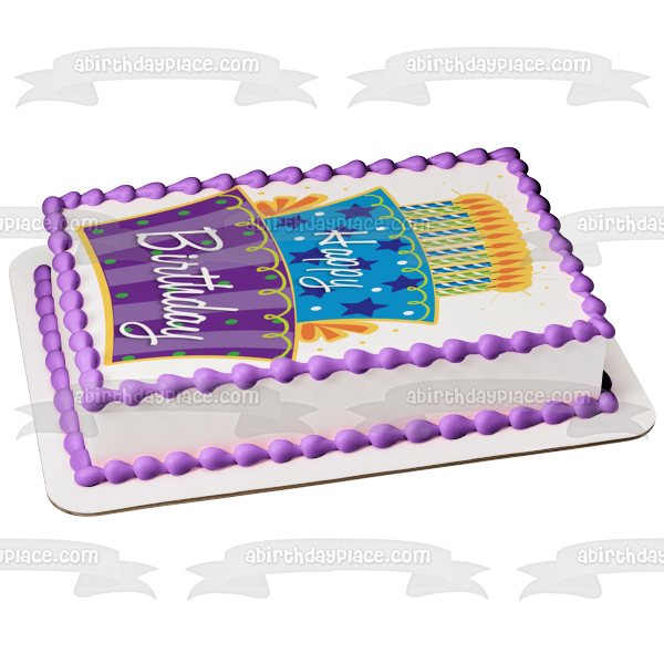 Happy Birthday Lit Candles Purple Blue Cake Stars Polka Dots Edible Cake Topper Image ABPID13434
