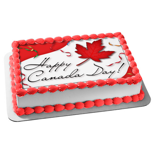 Happy Canada Day Red Maple Leaf Colorful Streamers Edible Cake Topper Image ABPID13441