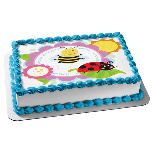 Summertime Flowers Bee Ladybug Seasons Edible Cake Topper Image ABPID13442