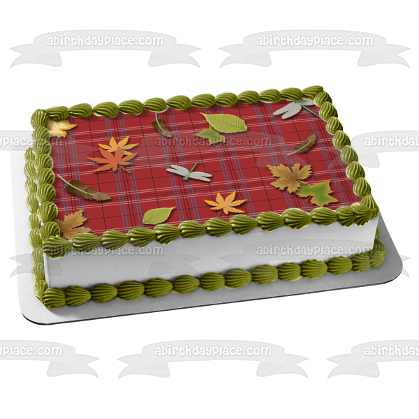 Plaid Red White Blue Black Pattern Leaves Dragonflies Edible Cake Topper Image ABPID13445