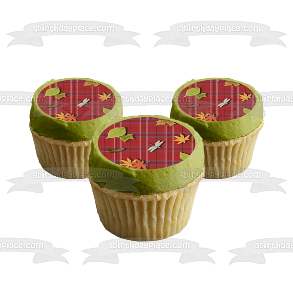Plaid Red White Blue Black Pattern Leaves Dragonflies Edible Cake Topper Image ABPID13445