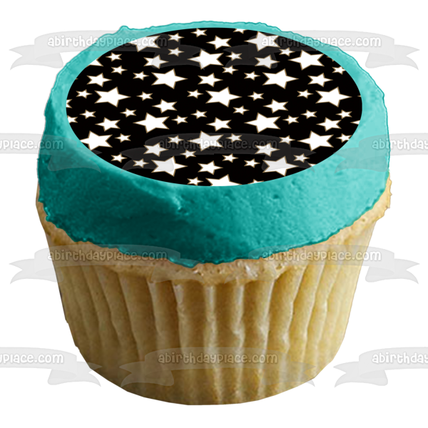 Imagen comestible para decoración de tarta con diseño de estrellas blancas y fondo negro ABPID13454 