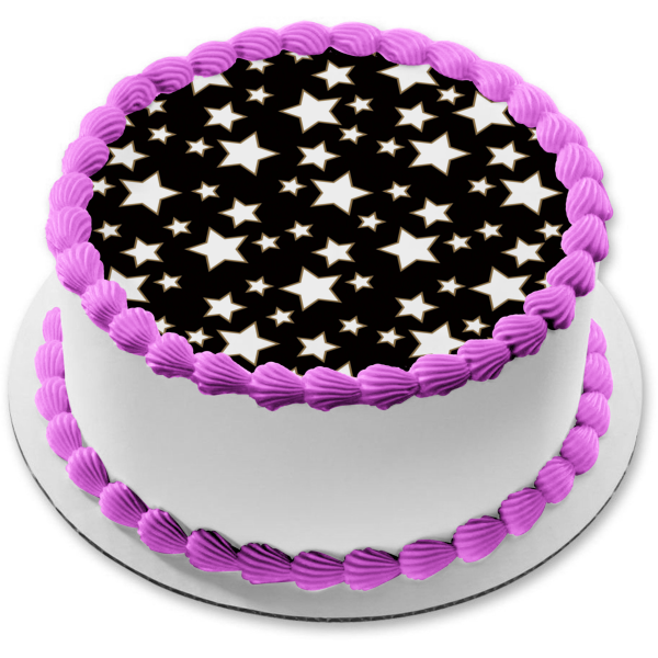 Imagen comestible para decoración de tarta con diseño de estrellas blancas y fondo negro ABPID13454 