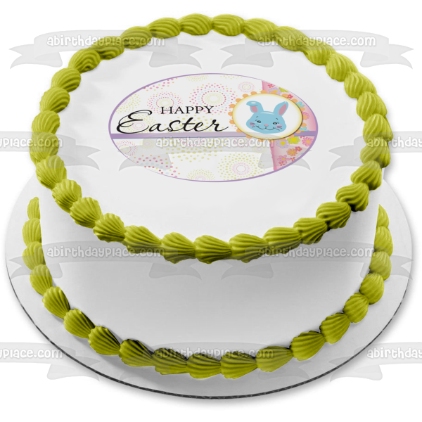 Happy Easter Blue Bunny Flowers Edible Cake Topper Image ABPID13455