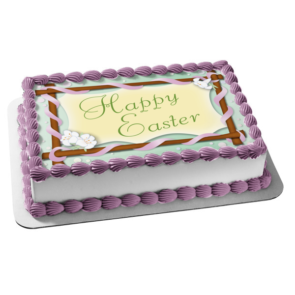 Happy Easter Purple Ribbon Flowers Edible Cake Topper Image ABPID13456