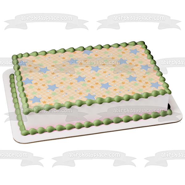 Diagonal Pink Squares Colorful Stars on Top Edible Cake Topper Image ABPID13463