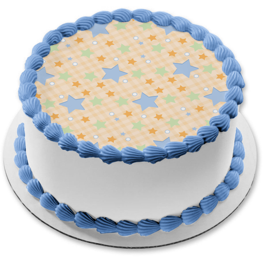 Imagen de decoración comestible para tarta con cuadrados rosas diagonales y estrellas de colores en la parte superior ABPID13463 