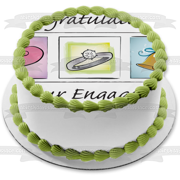 Congratulations on Your Engagement Hearts Diamond Ring Wedding Bells Edible Cake Topper Image ABPID13473